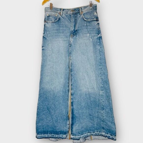 Zara Jean Denim Maxi Skirt Y2K High Waist Distressed Raw Hem Front Slit Skirt - Picture 3 of 11